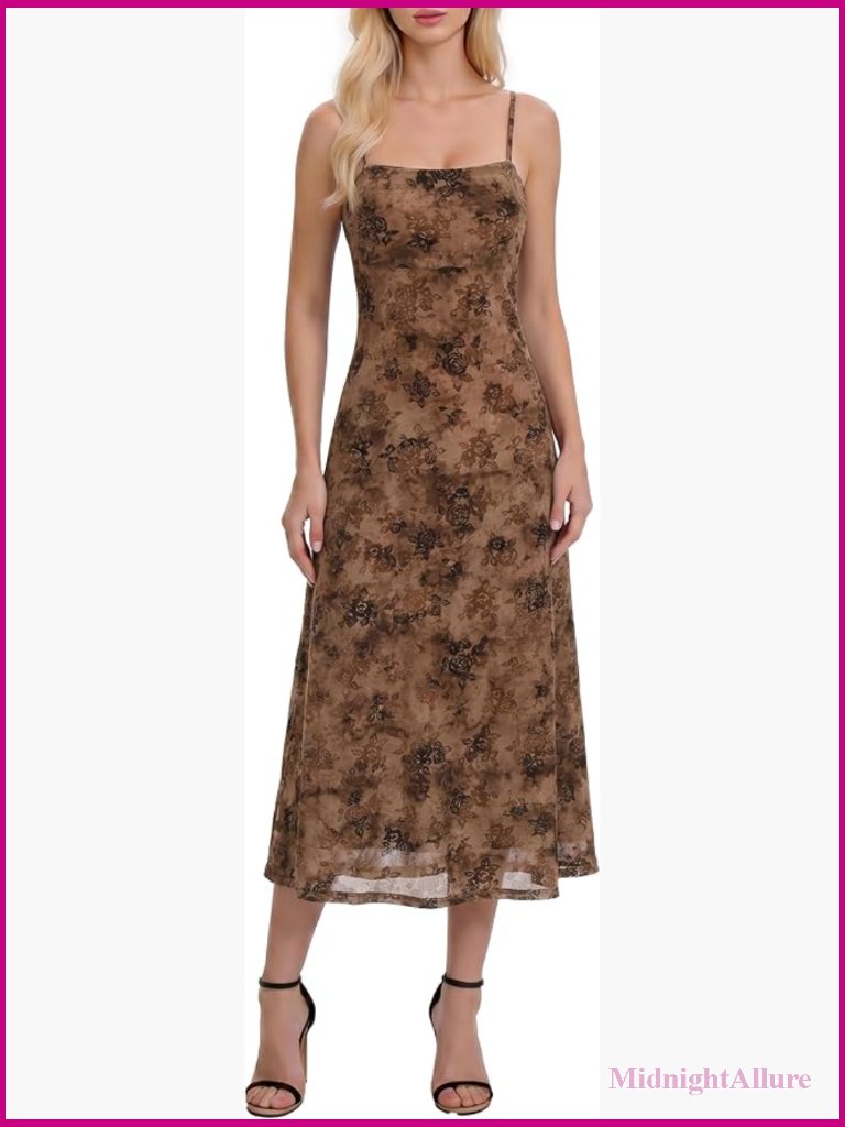 Sleeveless Square Neck Knee-Length Midi Dress With Floral Print